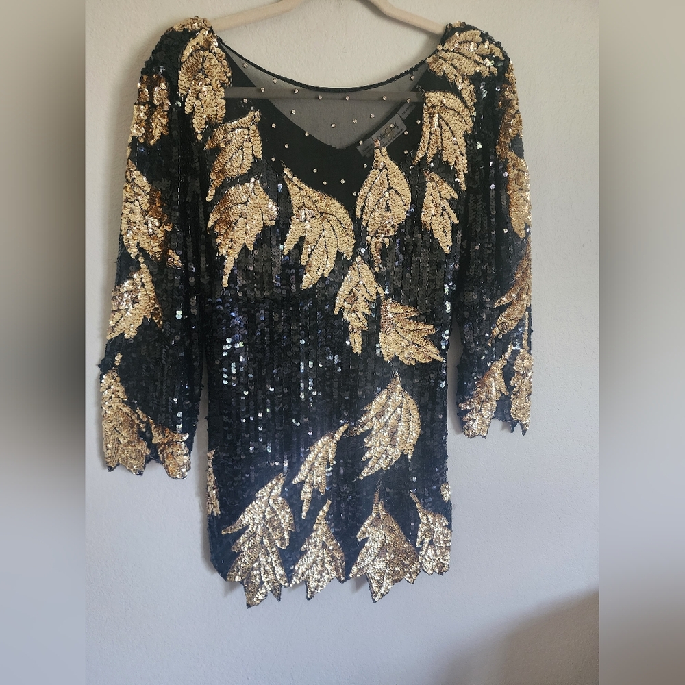 Vintage "Oleg Cassini" Sequin Embellished Beaded Mini Dress / Tunic, Size Large